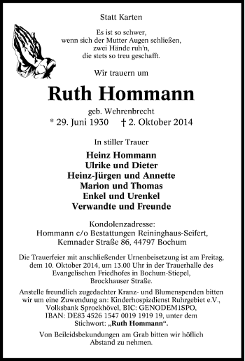 Traueranzeige von Ruth Hornmann von Tageszeitung