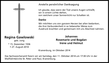 Traueranzeige von Regina Gawlowski von Tageszeitung