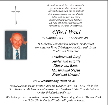 Traueranzeige von Alfred Wahl von Tageszeitung