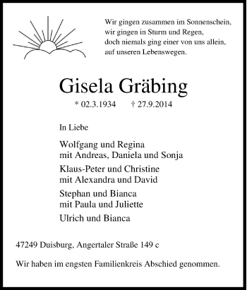Traueranzeige von Gisela Gräbing von Tageszeitung
