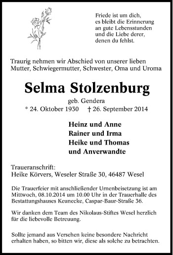 Traueranzeige von Selma Stolzenburg von Tageszeitung