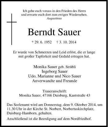 Traueranzeige von Berndt Sauer von Tageszeitung