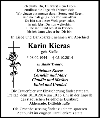Traueranzeige von Karin Kieras von Tageszeitung