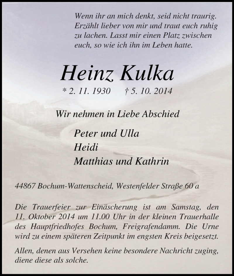  Traueranzeige für Heinz Kulka vom 08.10.2014 aus Tageszeitung
