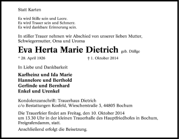 Traueranzeige von Eva Herta Marie  Dietrich von Tageszeitung