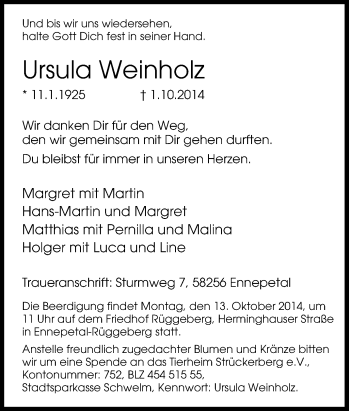 Traueranzeige von Ursula Weinholz von Tageszeitung