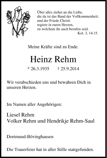 Traueranzeige von Heinz Rehm von Tageszeitung
