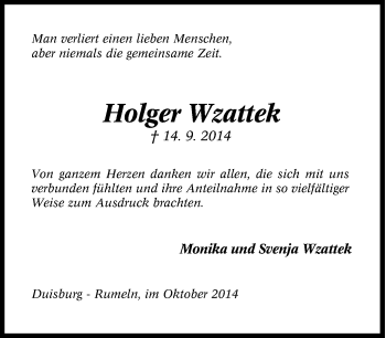 Traueranzeige von Holger Wzattek von Tageszeitung