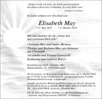 Traueranzeige von Elisabeth May von Tageszeitung