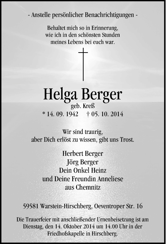  Traueranzeige für Helga Berger vom 07.10.2014 aus Tageszeitung