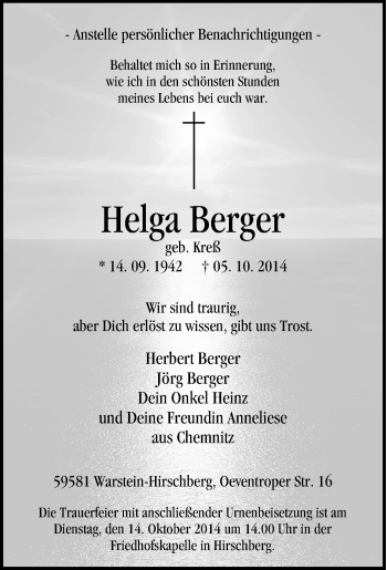 Traueranzeige von Helga Berger von Tageszeitung