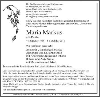 Traueranzeige von Maria Markus von Tageszeitung