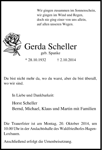 Traueranzeige von Gerda Scheller von Tageszeitung