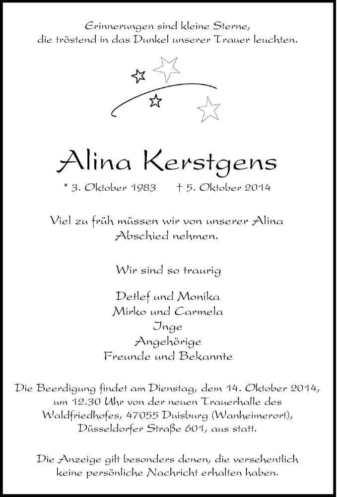  Traueranzeige für Alina Kerstgens vom 08.10.2014 aus Tageszeitung