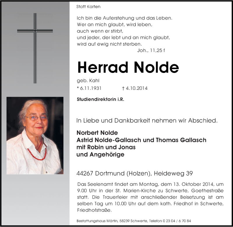  Traueranzeige für Herrad Nolde vom 07.10.2014 aus Tageszeitung