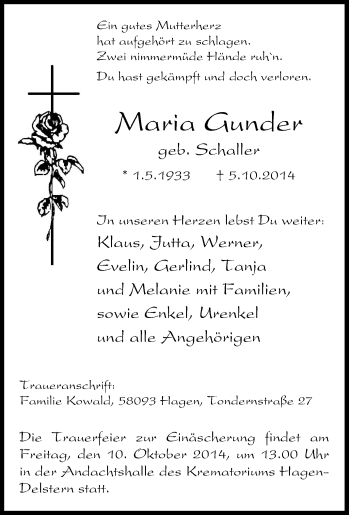 Traueranzeige von Maria Gunder von Tageszeitung
