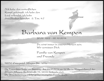 Traueranzeige von Barbara van Kempen von Tageszeitung