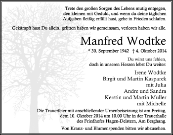 Traueranzeige von Manfred Wodtke von Tageszeitung