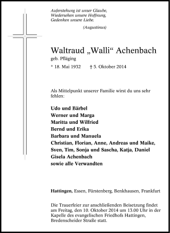 Traueranzeige von Waltraud Achenbach von Tageszeitung