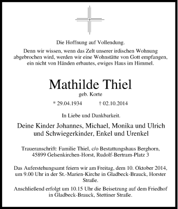Traueranzeige von Mathilde Thiel von Tageszeitung