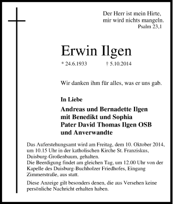 Traueranzeige von Erwin Ilgen von Tageszeitung
