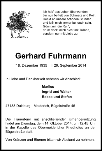 Traueranzeige von Gerhard Fuhrmann von Tageszeitung