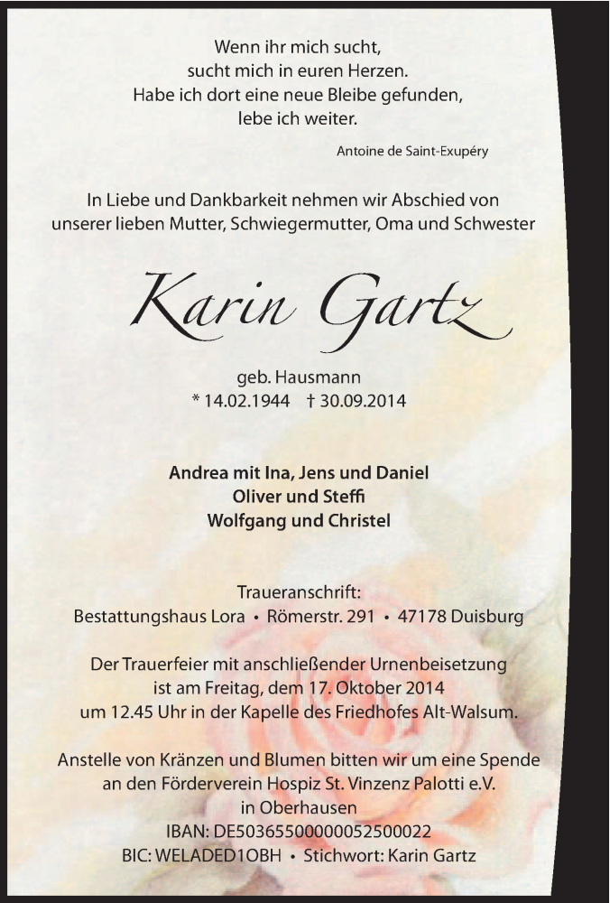  Traueranzeige für Karin Gartz vom 11.10.2014 aus Tageszeitung