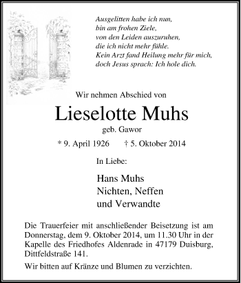 Traueranzeige von Lieselotte Muhs von Tageszeitung