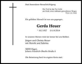 Traueranzeige von Gerda Heuer von Tageszeitung