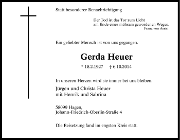 Traueranzeige von Gerda Heuer von Tageszeitung