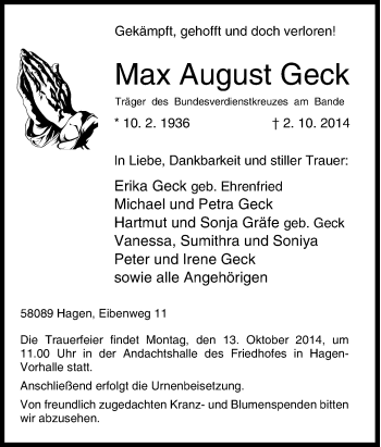 Traueranzeige von Max August Geck von Tageszeitung