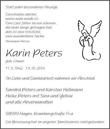 Traueranzeige von Karin Peters von Tageszeitung