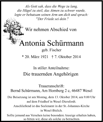 Traueranzeige von Antonia Schürmann von Tageszeitung