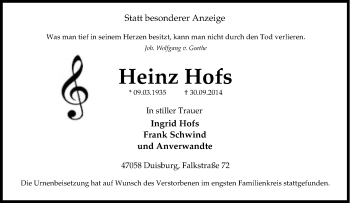 Traueranzeige von Heinz Hofs von Tageszeitung