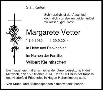 Traueranzeige von Margarete Vetter von Tageszeitung