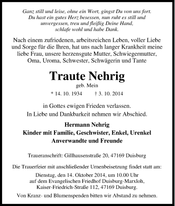 Traueranzeige von Traute Nehrig von Tageszeitung