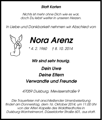 Traueranzeige von Nora Arenz von Tageszeitung