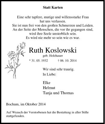 Traueranzeige von Ruth Koslowski von Tageszeitung
