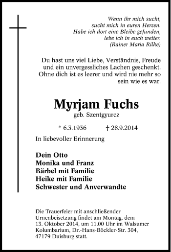 Traueranzeige von Myrjam Fuchs von Tageszeitung