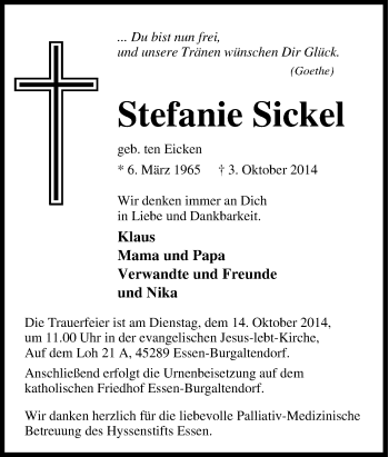Traueranzeige von Stefanie Sickel von Tageszeitung