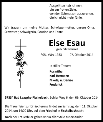 Traueranzeige von Else Esau von Tageszeitung