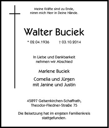 Traueranzeige von Walter Buciek von Tageszeitung