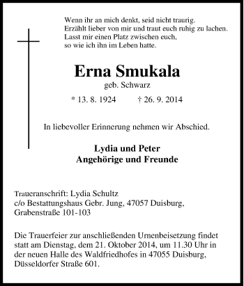 Traueranzeige von Erna Smukala von Tageszeitung