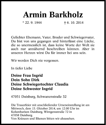 Traueranzeige von Armin Barkholz von Tageszeitung