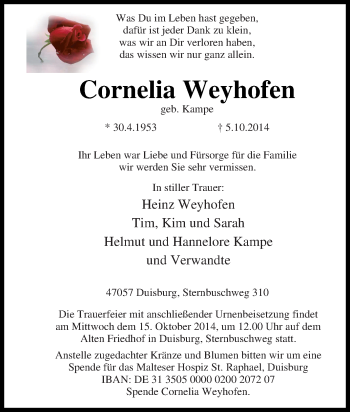Traueranzeige von Cornelia Weyhofen von Tageszeitung
