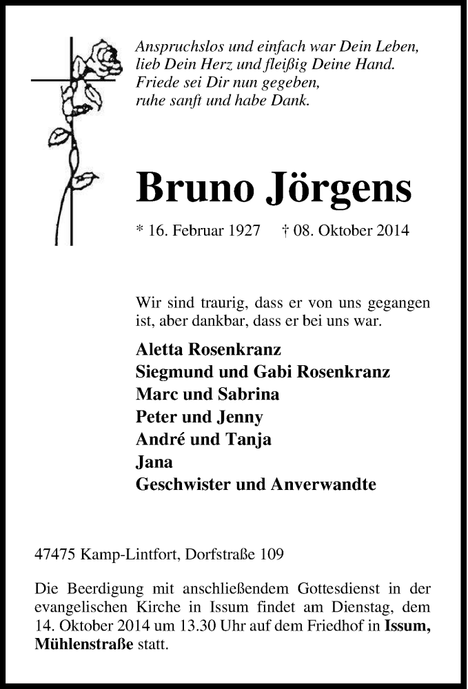 Traueranzeige für Bruno Jörgens vom 11.10.2014 aus Tageszeitung