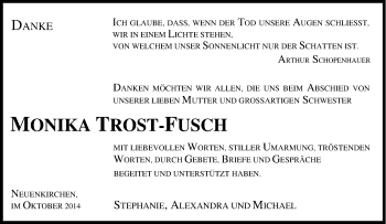 Traueranzeige von Monika Trost Fusch von Tageszeitung