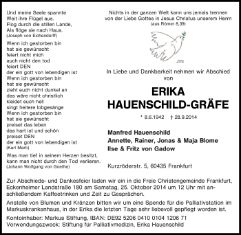 Traueranzeige von Erika Hauenschild-Gräfe von Tageszeitung