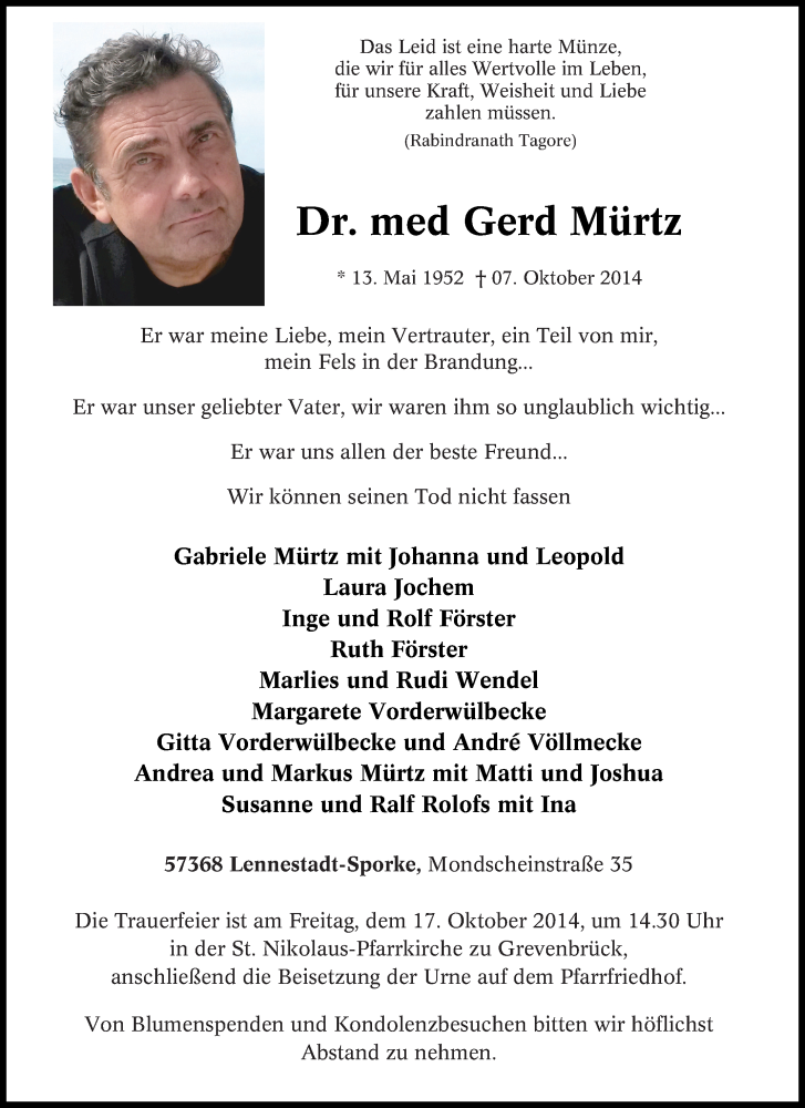  Traueranzeige für Gerd Mürtz vom 11.10.2014 aus Tageszeitung