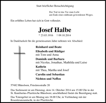 Traueranzeige von Josef Halbe von Tageszeitung